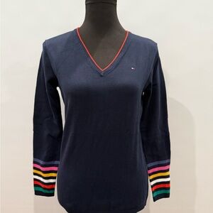 Tommy Hilfiger Navy V-Neck Sweater with Multicolor Stripes